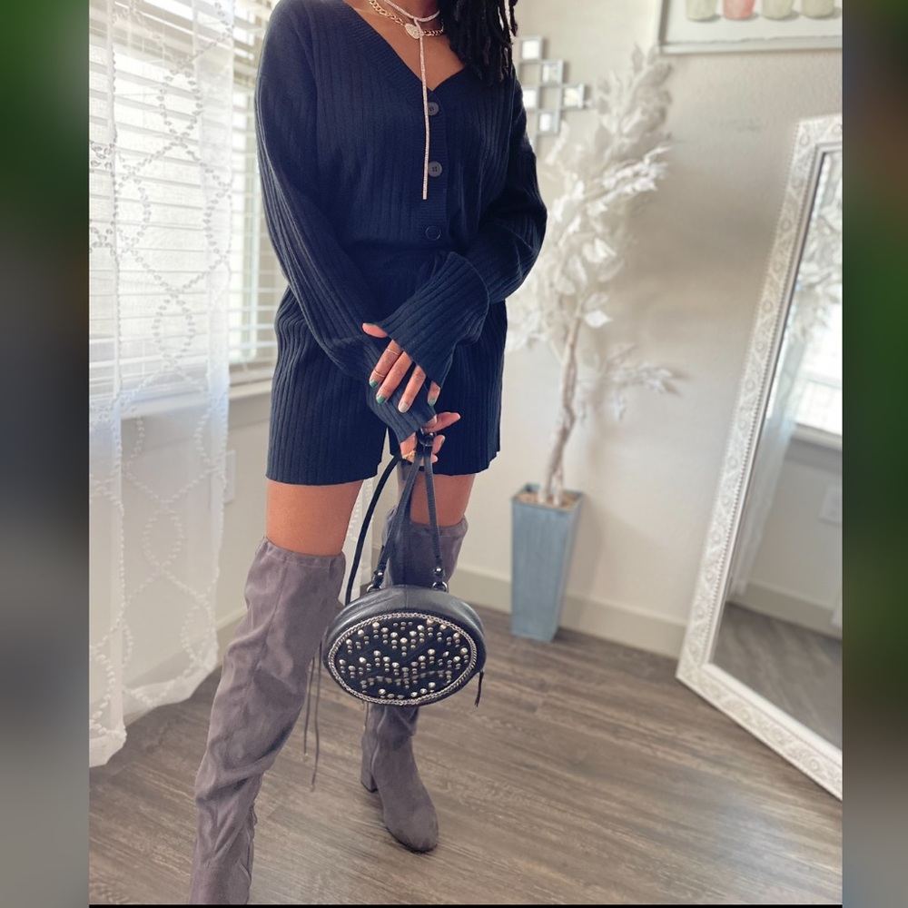 Two Piece Black Ribbed Long Sleeve Shorts Set